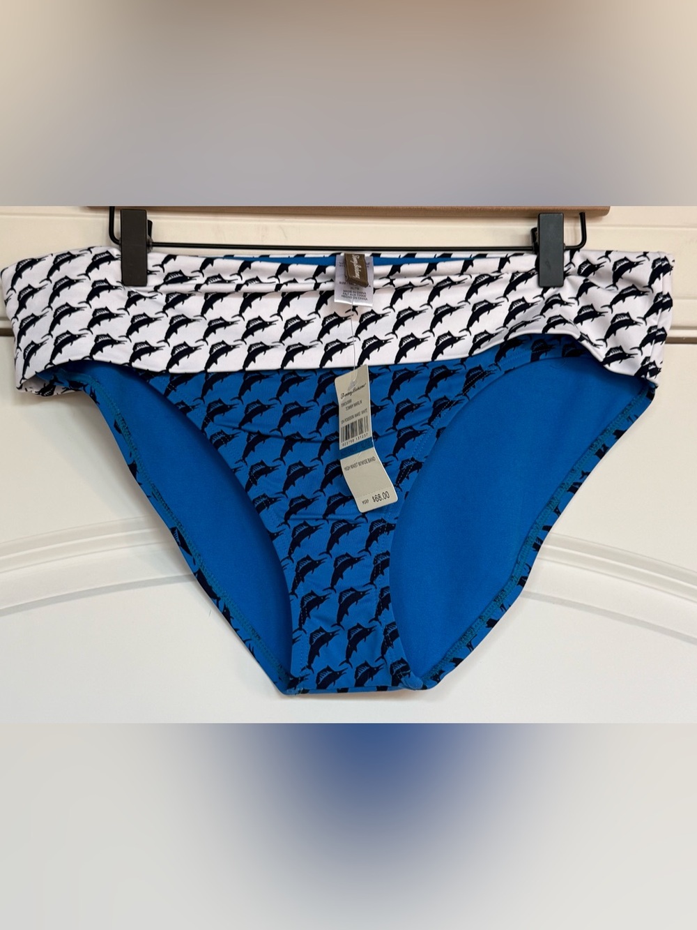 Tommy Bahama Blue Dolphin Print Bikini Bottoms with White Fold-Over Waistband